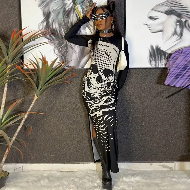 

Gothic hot girl dress printing patchwork slim pullover split round neck elegant chic fashion ladies dress for autumn 2023