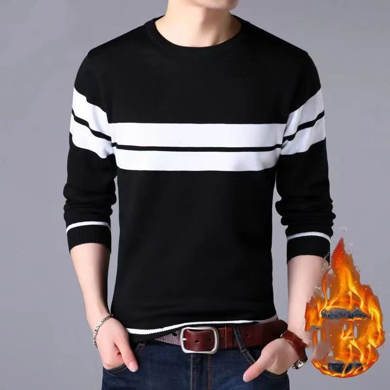 Trend Fashion Autumn Winte New Sweaters Men's O-Neck Contrast Color Casual Loose Plus Velvet Long Sleeve Pullovers Knitted Tops 6