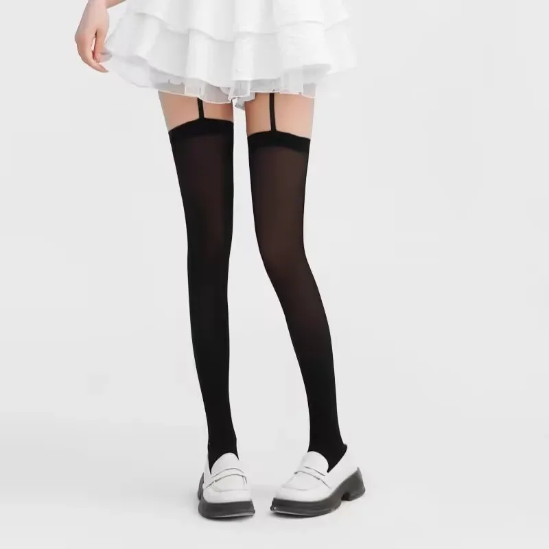 Women White Sexy Stockings with Belt Suspender Wide-banded Tights Lolita Thigh High Stockings with Garters Over The Knee Socks
