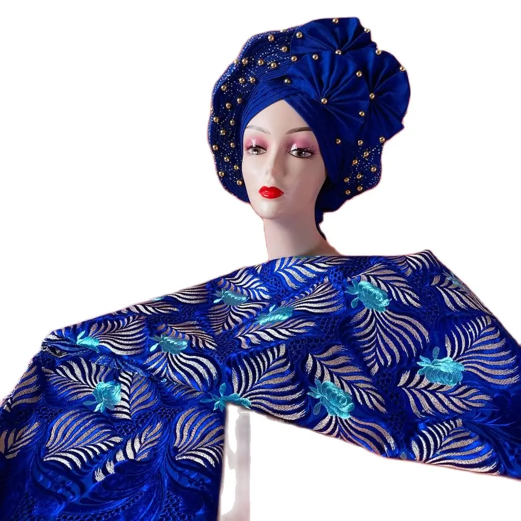 

Handmade Nigerian Auto Gele Headties African Headwrap Scarfs Hijab Caps 1Pcs Match Swiss Cotton Dry Lace 5Yards For Dress Wear