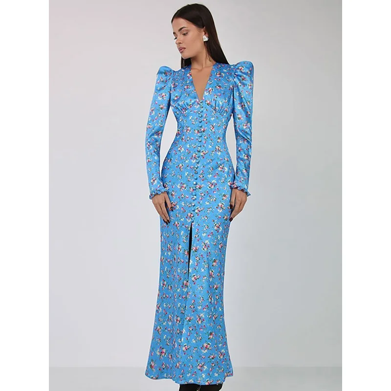 

Blue Printed V-neck Puff Sleeve Split Fishtail Dress New Autumn Fashion Long Skirt Yy18