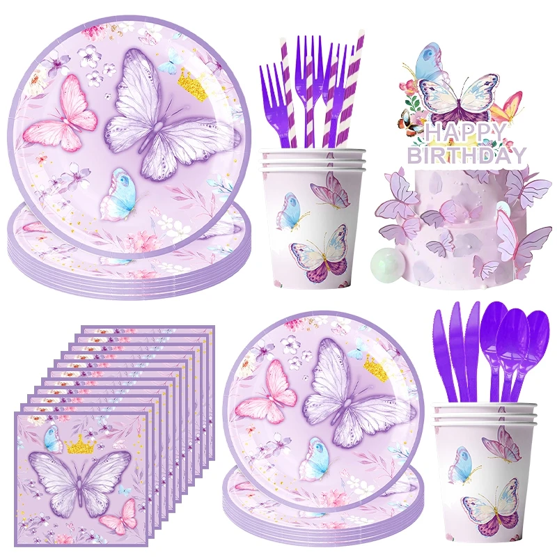 Purple Butterfly Theme Disposable Tableware Set Butterfly Plate Cup Napkin Banner Girls Baby Shower Birthday Party Supplies