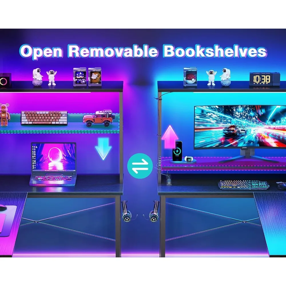 L Shaped Desk Gaming Desk with LED Light & Power Outlet, 43 Inch Reversible L Shaped Computer Table with Shelf, Corner Desk wit