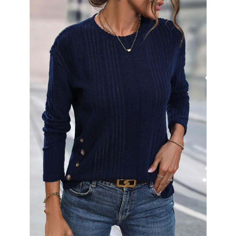 

2023 Autumn New Long Sleeve Thread Fashion Round Neck Trendy and Elegant Girls' Button Decoration Versatile Western Style Knitwe