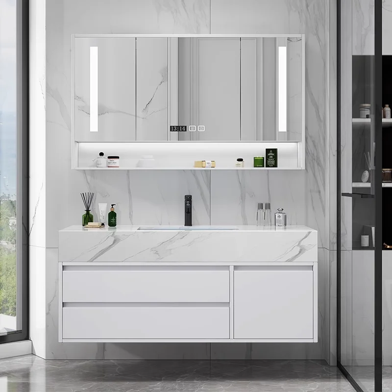 Waterproof Washroom Stainless Steel Wall-mounted Mirror Cabinet，Small Modern White Bathroom Storage Vanity Cabinets