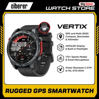 Nuovo Ciberer Vertix Stratos 4 GPS Smart Watch 1.43 ''AMOLED Display Bussola incorporata Torcia elettrica 170+ Modalità sportive 5 ATM Smartwatch