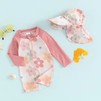 Tregren 0-3Y Toddler Girls Rash Guard Swimsuit with Swim Cap Long Sleeve Floral/Tropical Tree Print Zip Up Swimwear Bathing Suit 4