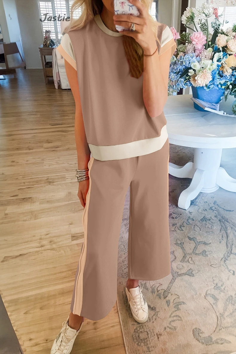 

Женский летний повседневный костюм Jastie 2024, модный костюм контрастных цветов, топ с коротким рукавом и брюки три четверти, комплект из двух предметов для женщин