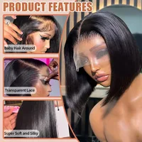 Perruque courte bob 10-12 pouces, 13x6 HD Lace Frontal, lisse comme un bâton, sans colle, pré-coupée, avec closure 5x5, prête à porter, en cheveux humains 2