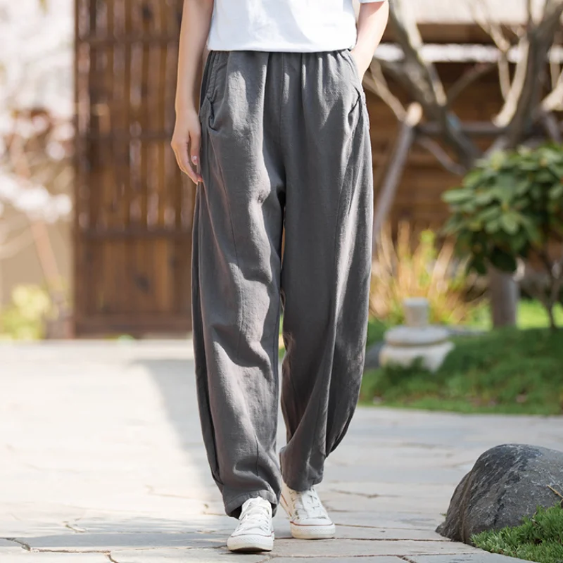 Summer Loose Plus Size Chinese Style Pants Ramie Stitching Casual Trousers Yoga Sand Wash All-match Bloomers for Women
