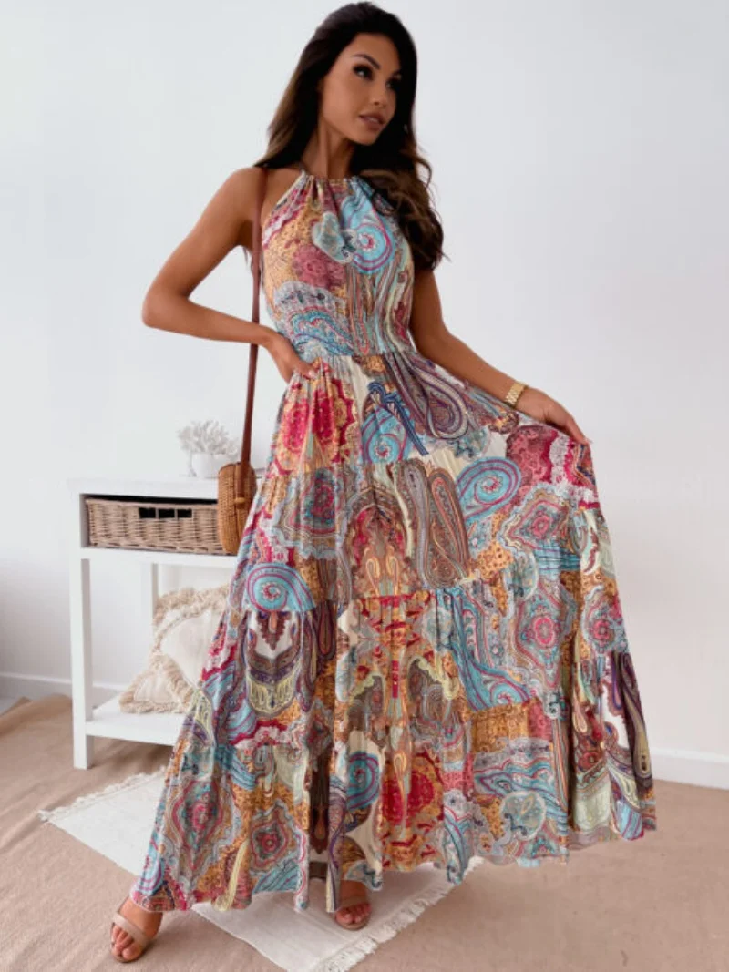 שמלה ארוכה מודפסת בסגנון בוהמי מודרני ומגניב לנשים