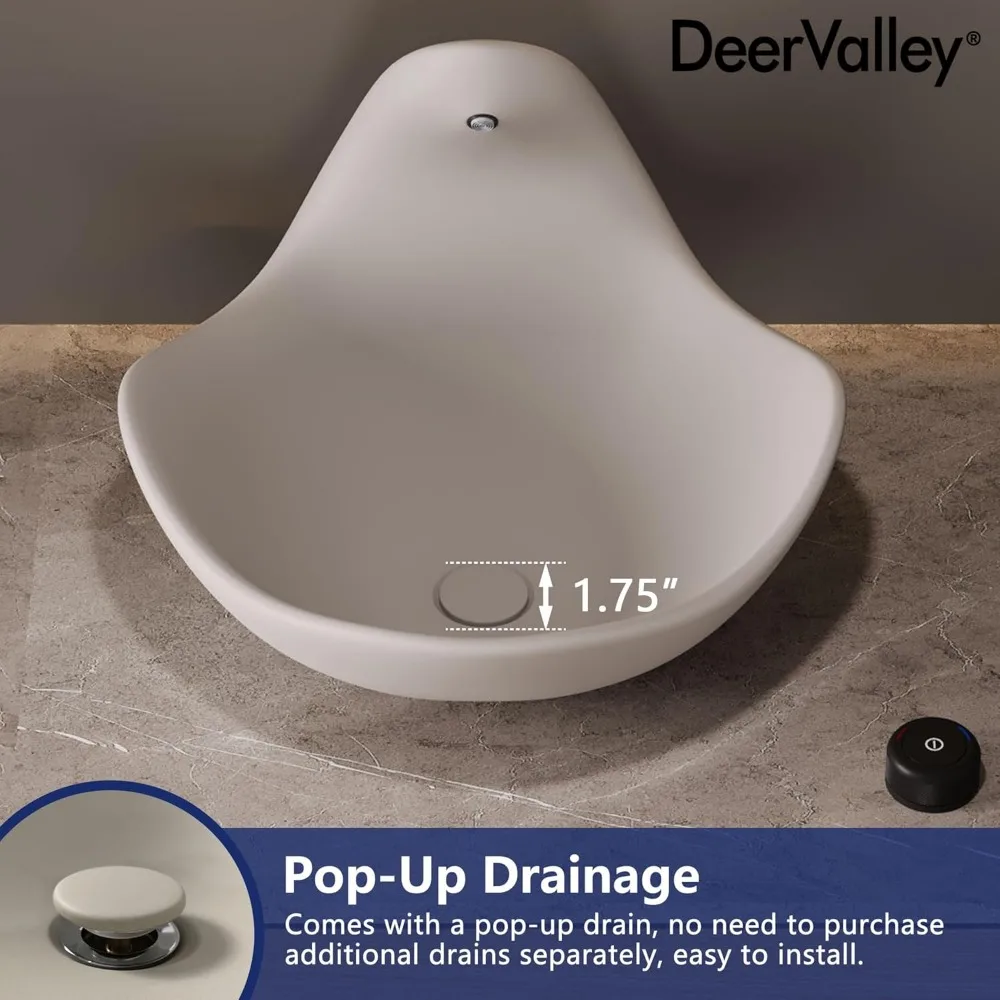 Artistic Concrete Bathroom Sink with Built-in Faucet and Pop-up Drain, Top Mount Bathroom Sink Bowl, Gray White 5