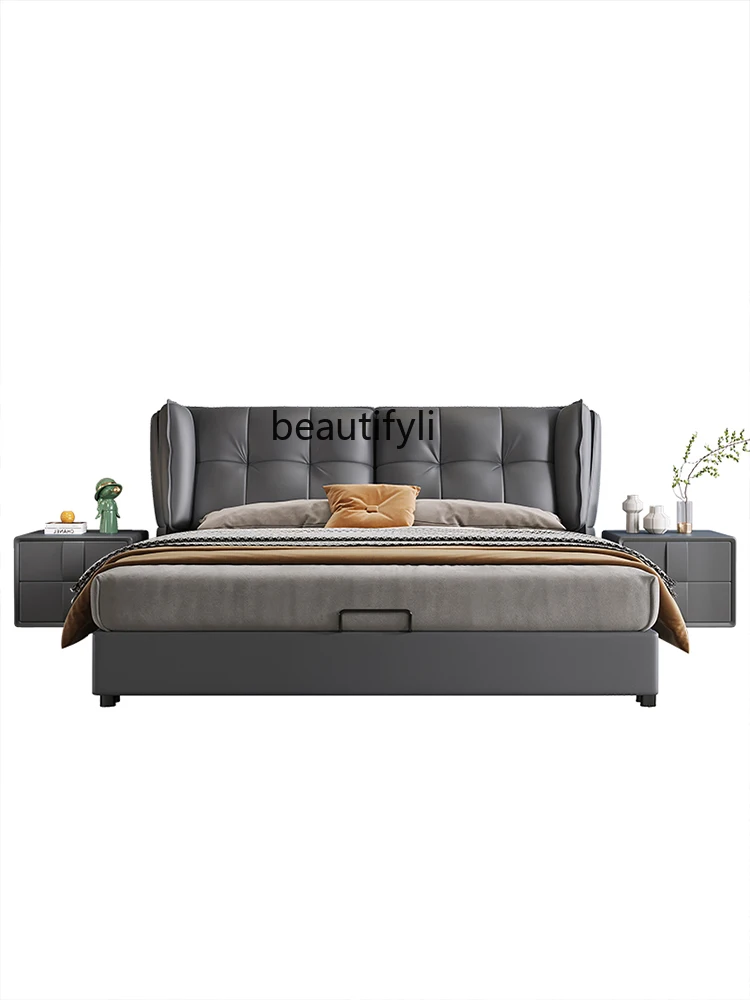 

Leather Bed Double Master Bedroom 1.8 M Nordic Storage Bed Marriage Soft Pack Bed Light Luxury
