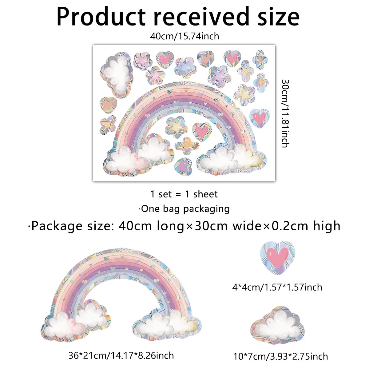 Pink Rainbow Cloud & Heart Window Cling - Sun-Activated Iridescent Static Decal with Stars, Double-Sided View Glass Films