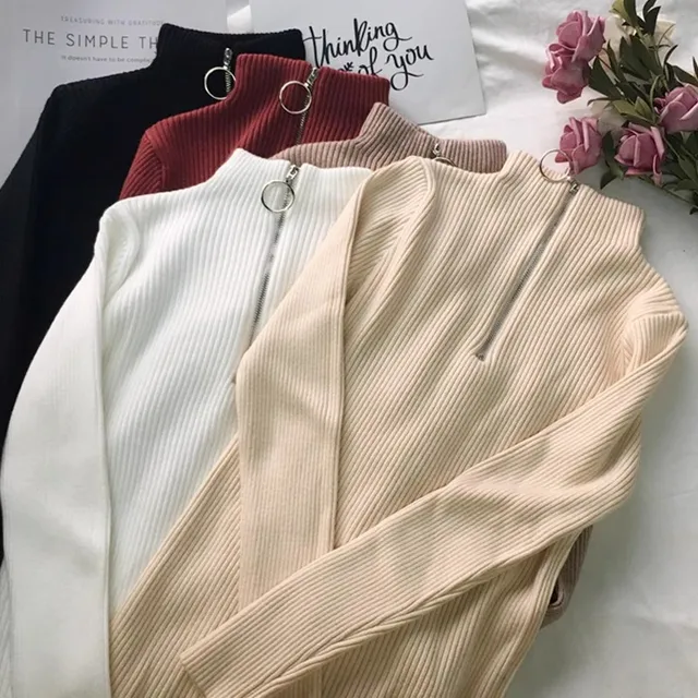 Autumn Winter Turtleneck Women Sweater Long Sleeve Zipper Neckline Knitted Pullover Female Sweater Slim Basic Knitted Jumpers 2
