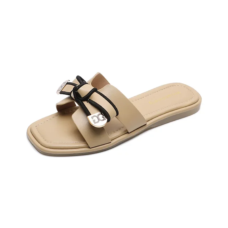 Outside Slippers Plus Size 41-43 Girl Shoes Korean Version Bow Slippers Women Designer Sandals Summer Square Head Slippers Women