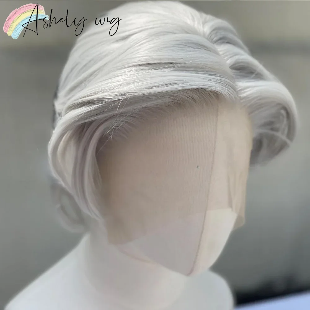 Sliver Wigs Gray Synthetic Lace Front Wig 13x4 6inch Short Straight Lace Front Wig for Daily Use High-temperature Fiber Cosplay