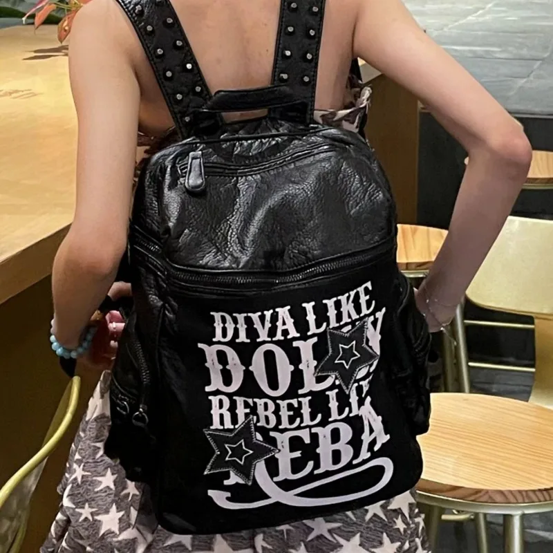 Xiuya Y2k Gothic Womens Backpack Vintage Letter Punk Leather Fashion Mens Backpacks Original Harajuku 2024 Designer Luxury Bag