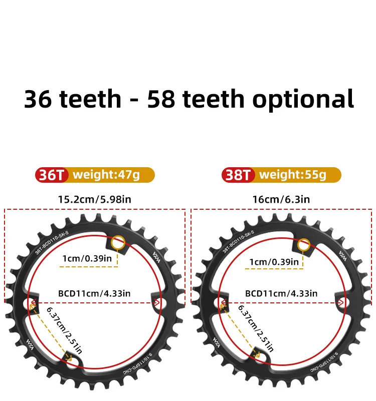 Description Picture 6 of itemVXM Road Bike 110BCD Crank 4 Claw Chainring Narrow Wide Chainwheel 36-52T For R7000 R8000 R9100 R9000 4700 5800 6800 R7100/R8100