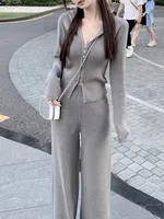 Women Fashion Slim Knitted Tracksuits 2 Piece Set Autumn Winter Casual Hooded Zip-up Short Coat Trousers Outfits Femme Clothing 2