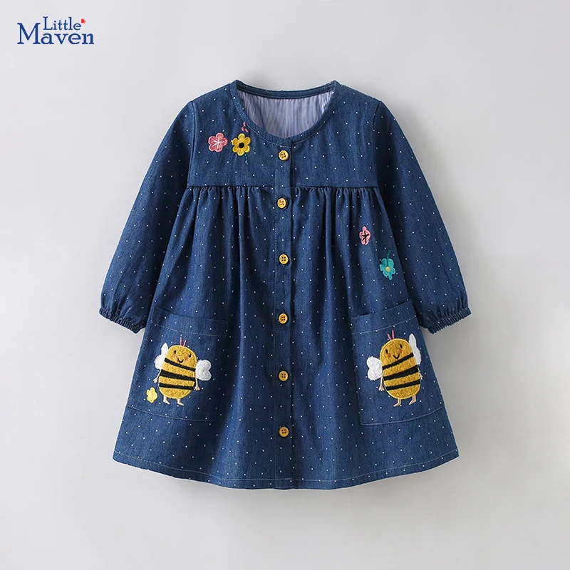 Children Clothing Spring Autumn Baby Girls Denim Dress Long Sleeves Cartoon Bees Girls Princess Dress Have Pockets