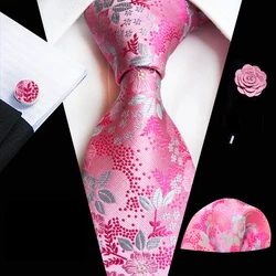 Floral Pink Ties Set For Men Wedding Party Neck Tie Set Handkerchief Brooch Cufflinks Men Accessories High Quality Gravata