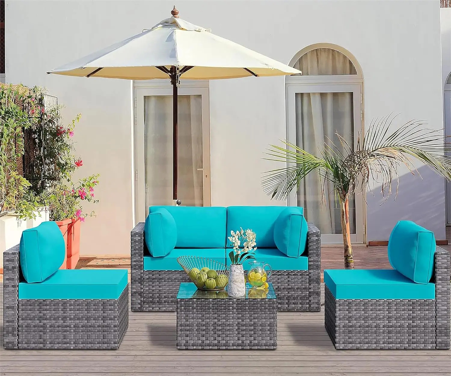 

Patio Furniture Set, 5 Pieces Outdoor Sectional Sofa Wicker Conversation Sets with Tea Table and Patio Couch Cushions