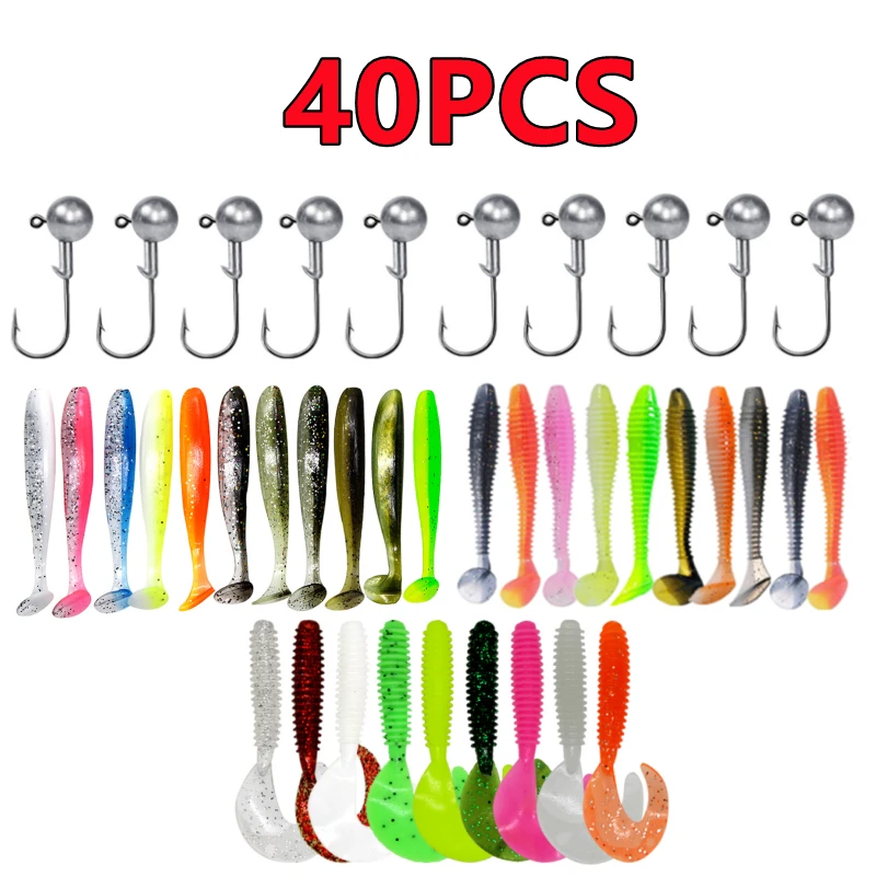 FANGBLUE 40-Piece Soft Lure Kit - 1/8oz Jig Heads & 2-Inch Curved Tail Worms For Bass & Trout Fishing