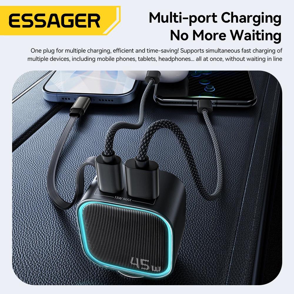 ESSAGER 45W Car Charger With 75CM Retractable Cable PD Fast Charging 3 Ports USB C & A Adapter For iPhone 17 16 15 Huawei iPad