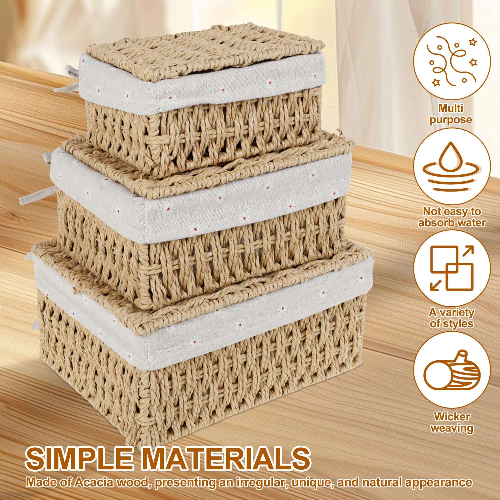 Cotton Linen Storage Baskets with Lid for Household Organization