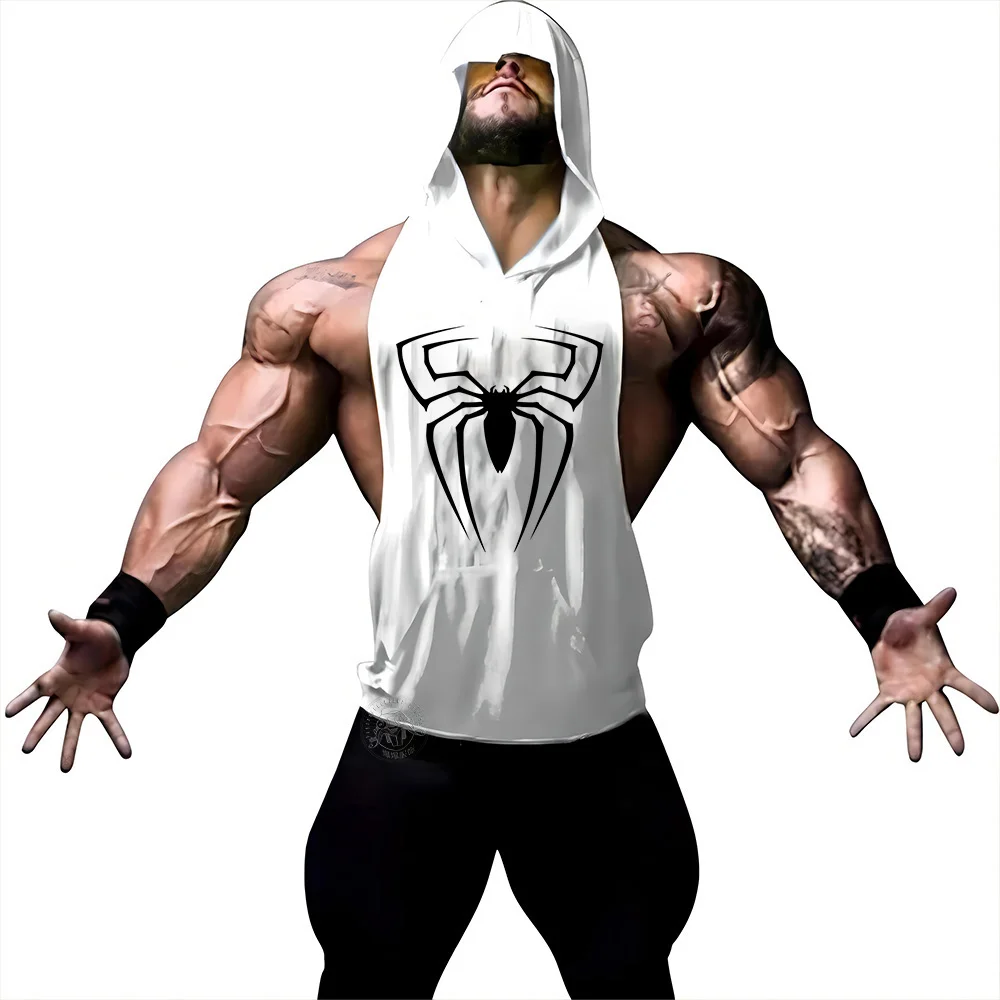 

y2k Summer Sports Outdoor Fitness Comfortable Hooded Vest Men's Running Fitness Hooded Vest Garment 2D spider Print tops