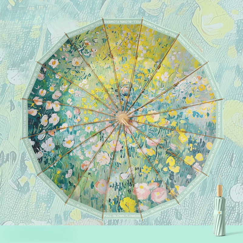Folding Umbrella Sunshade Parasol Color Coating 3 Folding Oil Painting Sunscreen UV Protection Retro For Women