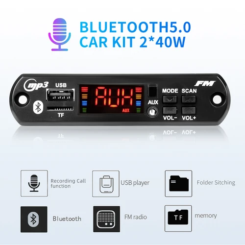 블루투스 5.0 앰프 MP3 디코더 보드, DIY 무선 통화 녹음 음악, USB TF AUX FM 라디오 폴더 전환, 80W, 12V, 40W 2