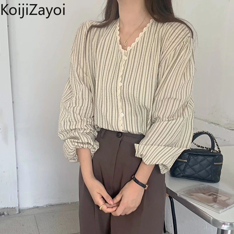 

Koijizayoi Vintage Women Striped Blouse Lady V Neck Long Sleeves Single Breasted Shirt Spring Autumn 2022 New Outwear Tops Blusa