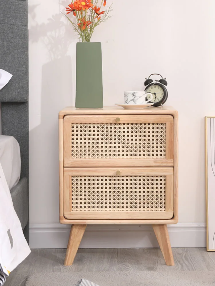 

Creative Storage Cabinet Modern Bedside Cabinet Bedroom Table Home Wood Rattan Bedside Woven Sofa Side Small Tables Furniture