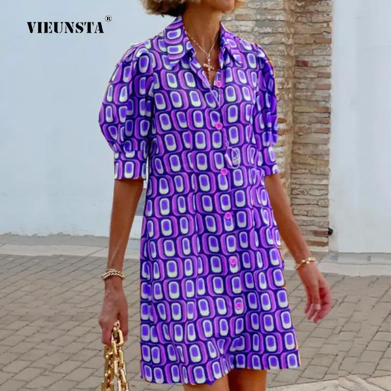 

Summer Turn-Down Collar Check Print Party Dress Female Loose Casual Shirt Dress Vestidos Bohemian Women Short Sleeve Mini Dress