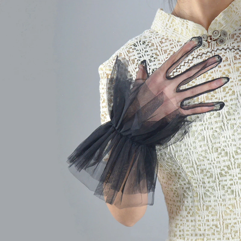 

1Pair Tulle Gloves Ultra Thin Ruffle Lace Sheer Bride Elegant Dress Gloves Party Accessory Transparent Photography Accessories