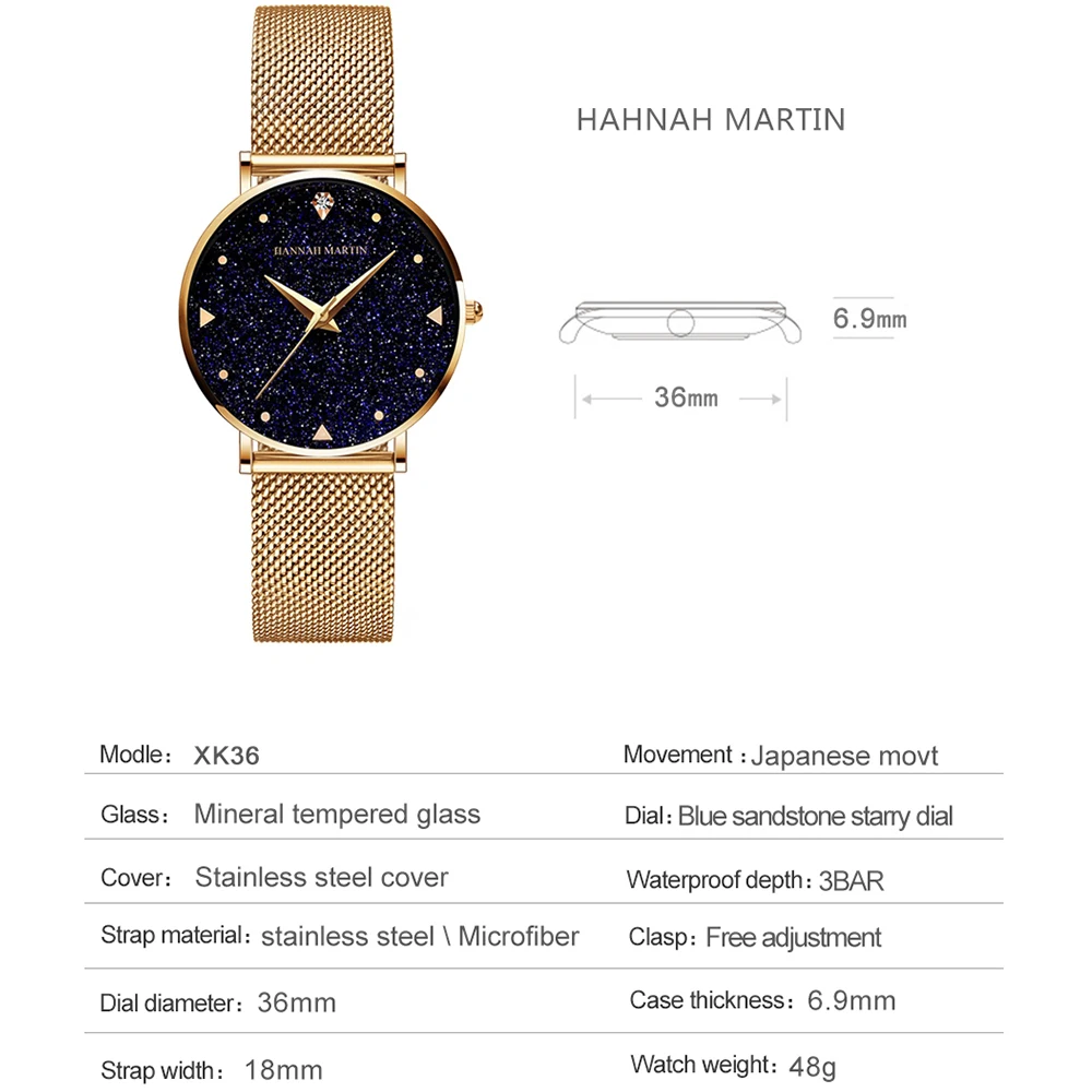 HANNAH MARTIN Brand Fashion Women Watch Luxury Rhinestone Starry Sky Dial Ladies Waterproof Stainless Steel Strap Couple Watch 5