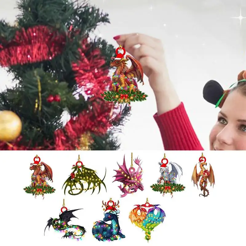 

Christmas Tree Pendant Portable Christmas Tree Hanging Ornaments Cute 2D Acrylic Dragon Statue For Christmas Decor With Ropes