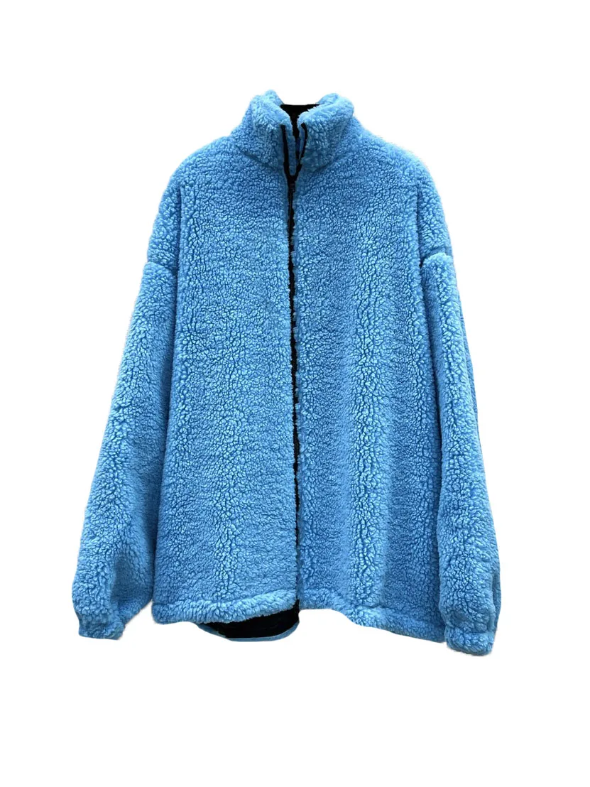

Lamb wool jacket lapel short loose fit solid colour zip design warm and comfortable 2023 winter new 1220