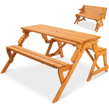 2-in-1 Transforming Interchangeable Outdoor Wooden Picnic Table Garden Bench for Backyard, Porch, Patio, Deck w/Umbrella 1