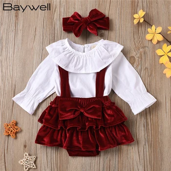 Baywell Spring Autumn 3Pcs/Set Infant Baby Girl Clothes Ruffle Collar Long Sleeve Top+Red Velvet Suspender Skirt+Headband 0-24M
