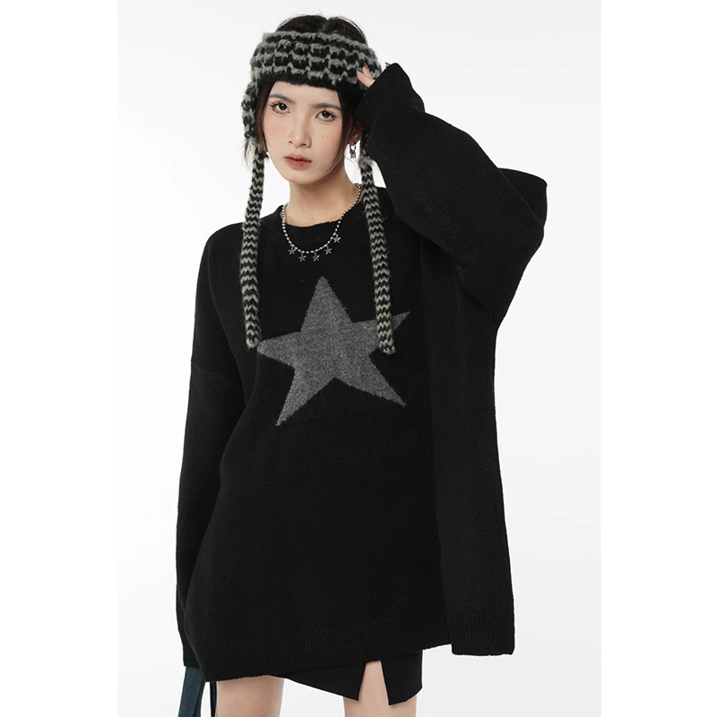 Women Black Sweater Round Neck Star Pattern Fashion Retro Lazy Wind Thickening Winter New Long Sleeves Knitting Pullover Tops