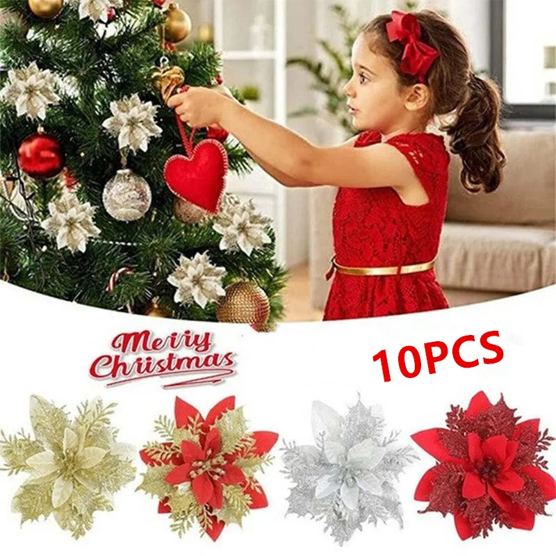 

10PCS Artificial Plastic Christmas Florals Glitter Fake Flowers Christmas Tree Decorations Gift Xmas Ornament Party Supplies