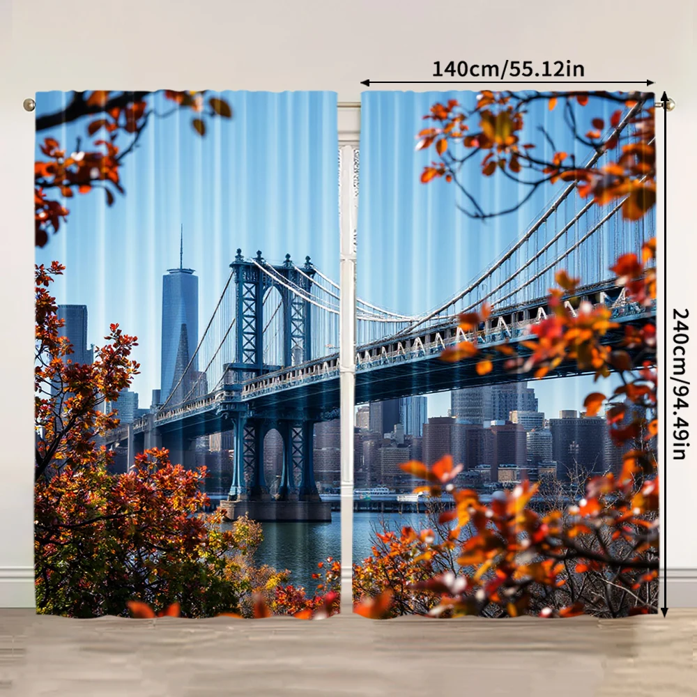 2pcs, 2D flat Party Curtains Bridge and New York Skyline Durable Polyester,Without Electricity Party Decorations Suitable for 3