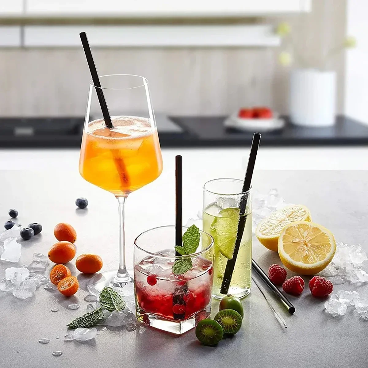 Set of 10 Reusable Glass Straws with Cleaning Brush - 8 Long
