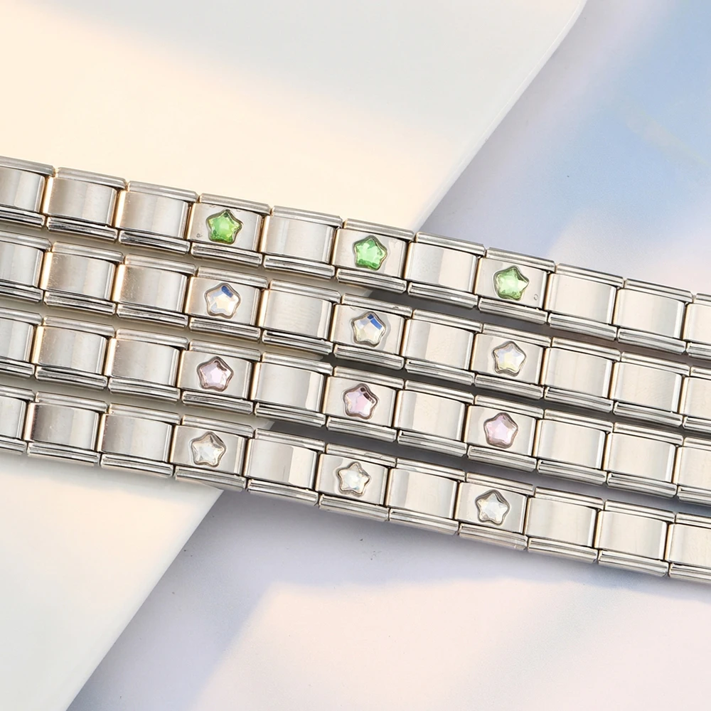 GEMOSA Klassisches Rot-Blau-Rosa-Gelb-Pentagramm Damen- und Herren-Charm-Armband, italienisches Gliederarmband, passend für 9 mm Edelstahl-Schmuckherstellung, DIY