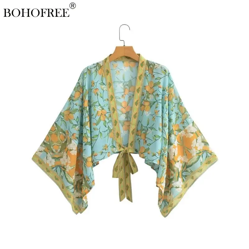 

Vintage Chic Batwing Sleeve Floral Pring Short Robe Floral Print Summer Beachwear Bikini Cover Up Bohemian Kimono Blusas