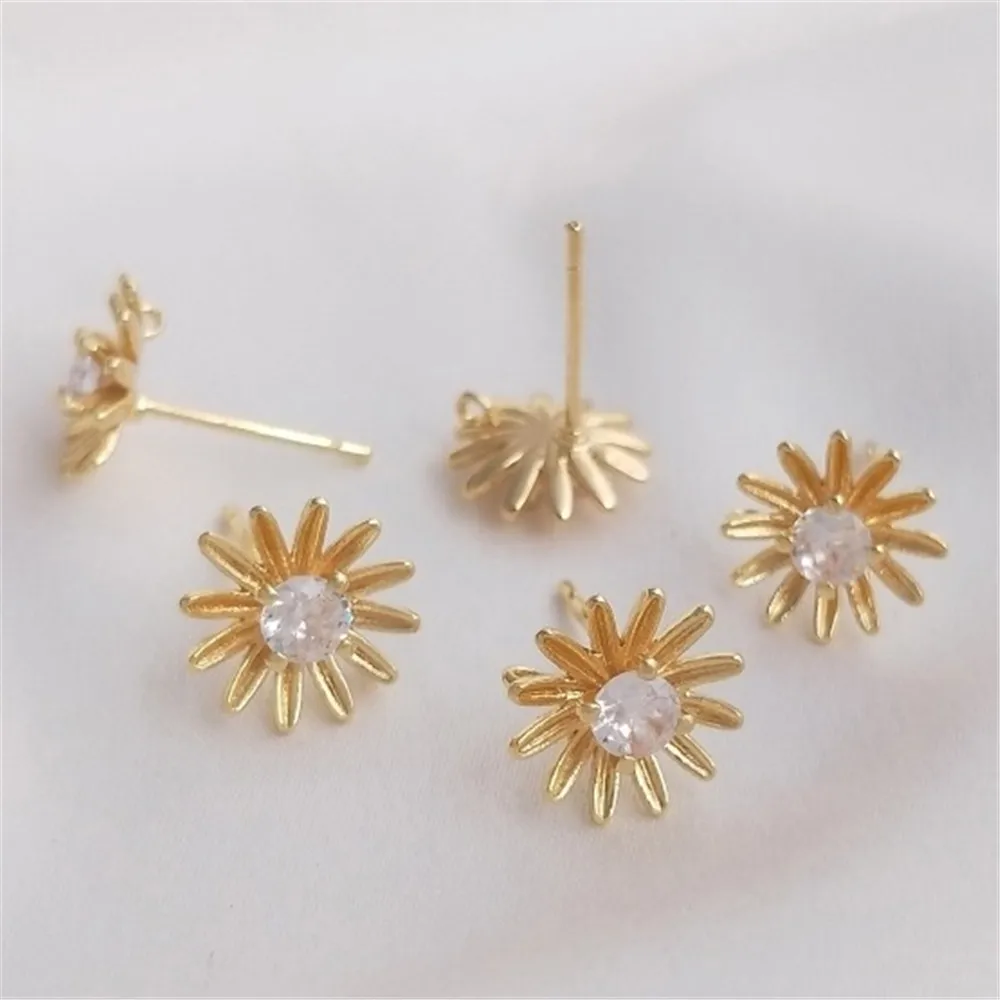 

14K Gold Inlaid Zircon Small Daisy with Hanging Ring Small Flower Earrings 925 Silver Needle DIY Handmade Ear Jewelry E240