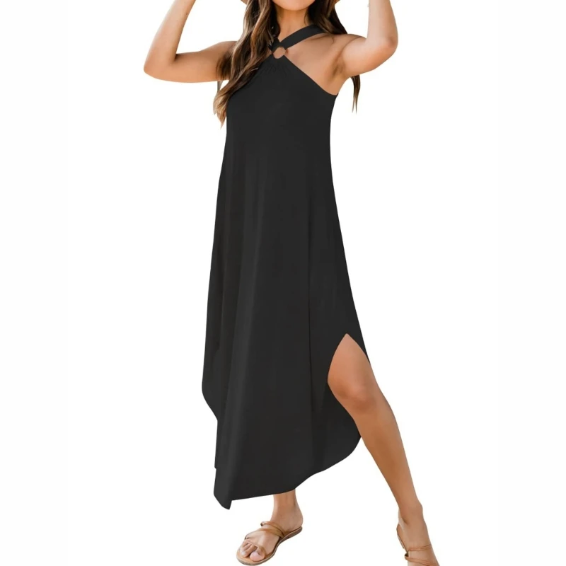 

Women Spring Summer Sleeveless Long Dress Loose Irregular Hem Halter Long Dress Off-shoulder Dress for Wedding Party P8DB